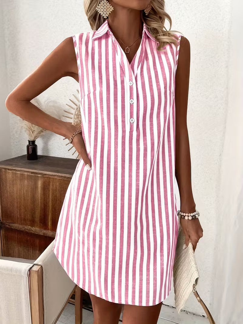 Striped Collared Sleeveless Button Front Shirt Dress