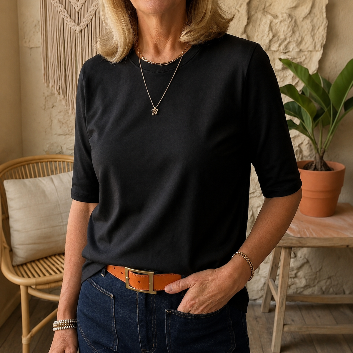 Crew Neck Half Sleeve Curved Hem Top