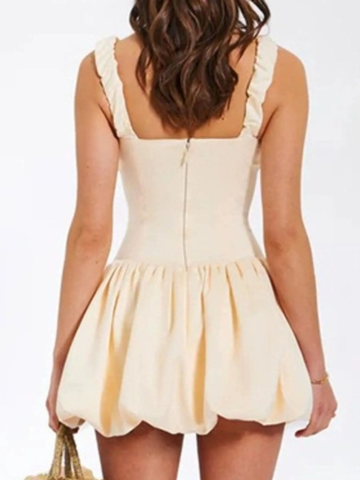 Square Neck Ruched Bust Ruffle Strap Bubble Hem Mini Dress 6