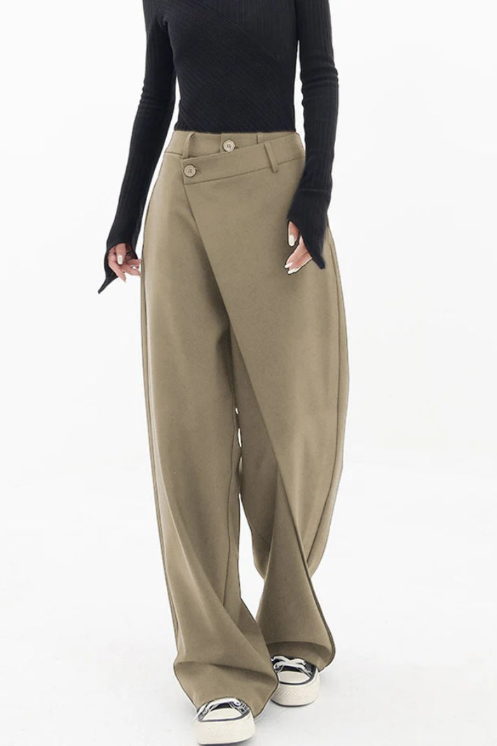 Asymmetric Wrap Front Button Waist Wide Leg Trousers 4