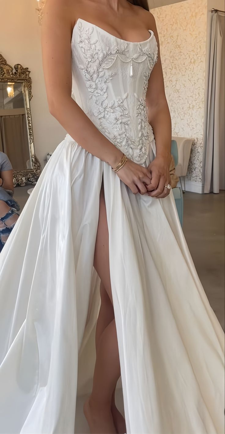 Charming Beaded Satin A Line Slit Prom Dress White Wedding Dress cc1430