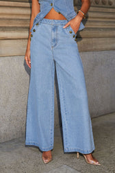 Denim Vest Wide Leg Crop Top Two Piece Pants Set