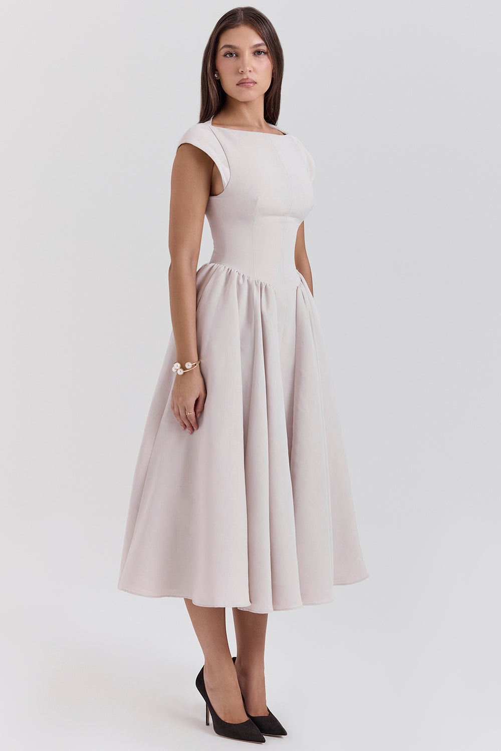Boat Neck Cap Sleeve Drop Waist Full Skirt Midi Dress 6