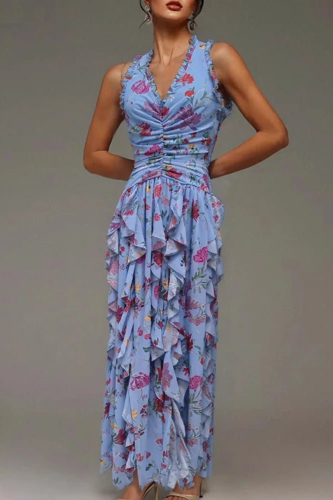 Sleeveless Edition Hollow Maxi Floral Dress