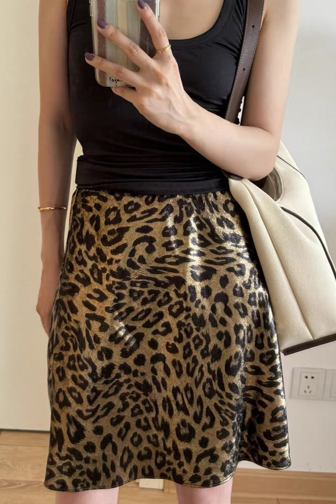 Leopard Print Satin Asymmetric Hem Slip Midi Skirt 2