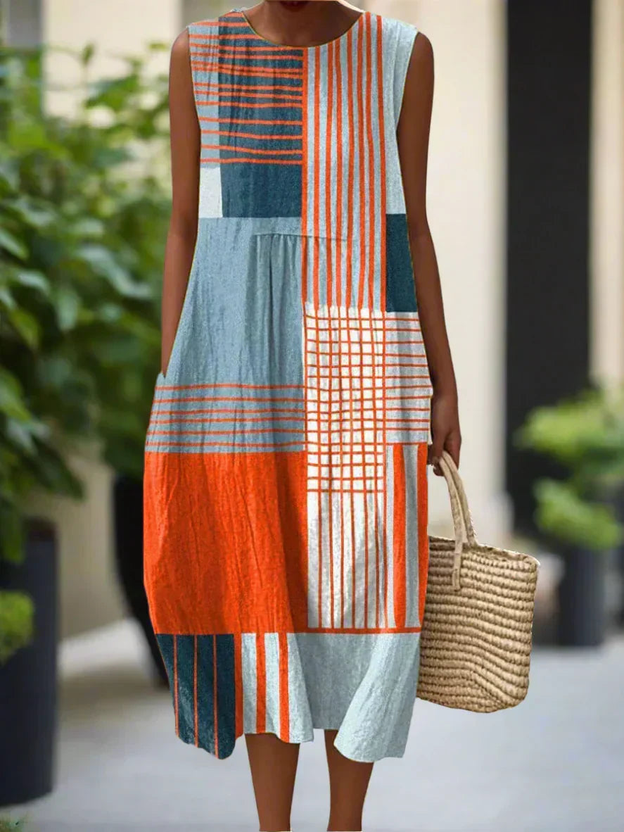 Abstract Print Round Neck Sleeveless Pocket Midi Dress