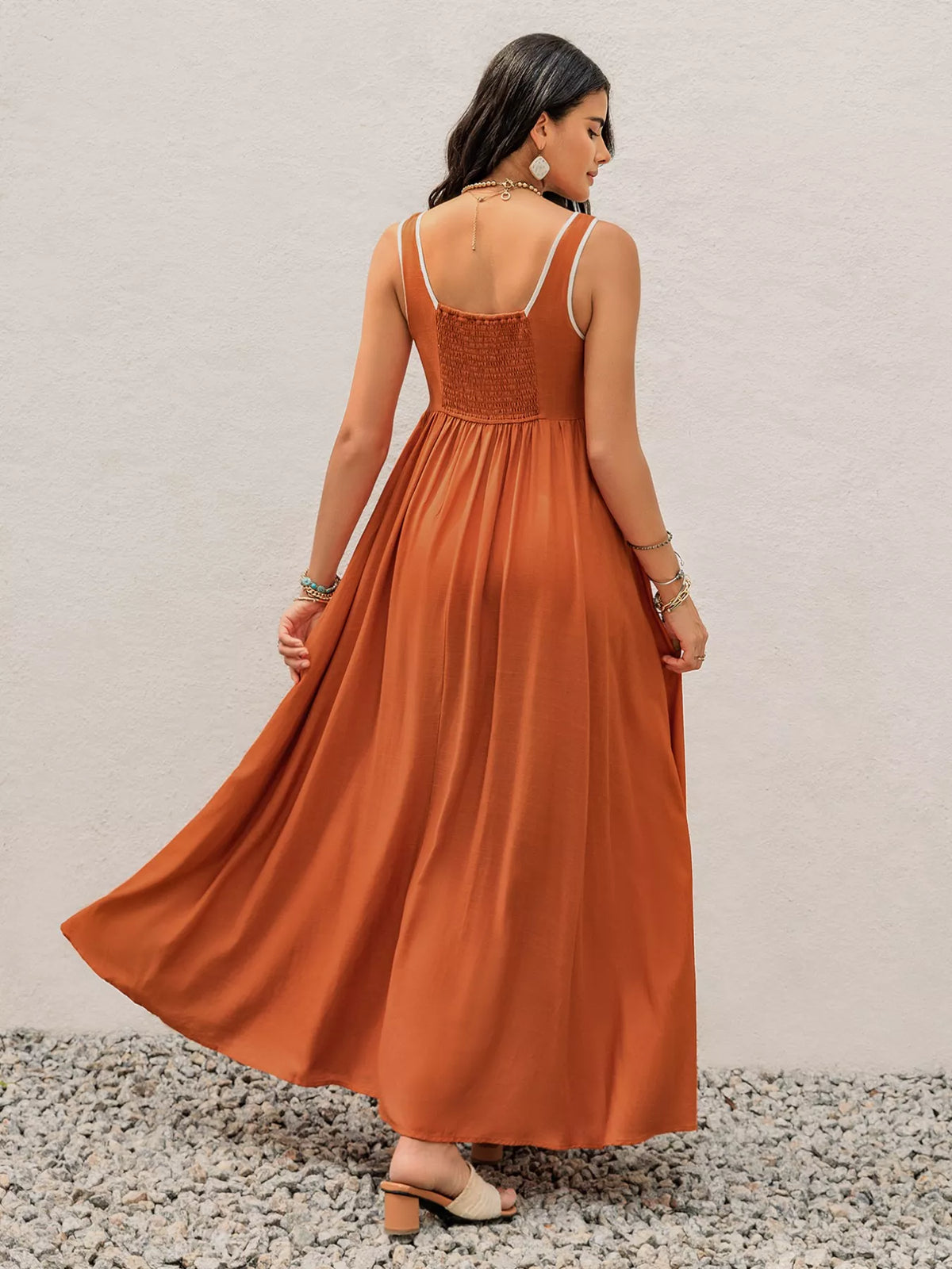 Contrast Trim Lace Up Front Sleeveless Pleated Maxi Tank Dress 6