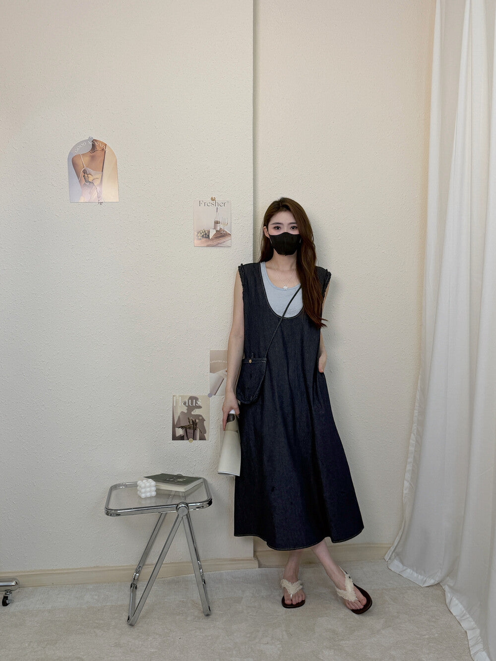 Faux Two Piece Denim Sleeveless Ruffle Trim A-Line Midi Dress 26