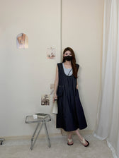 Faux Two Piece Denim Sleeveless Ruffle Trim A-Line Midi Dress 26