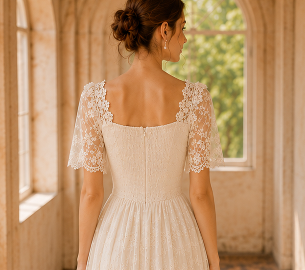 Lace Square Neck Short Sleeve A-Line Midi Dress 2