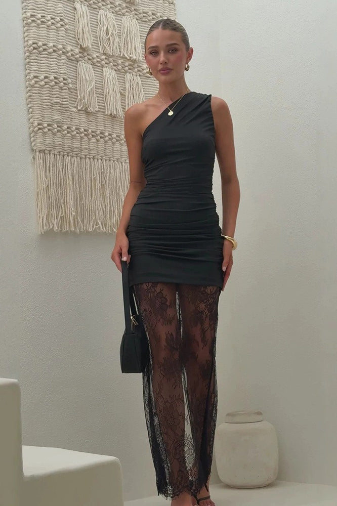 Solid Spliced One Shoulder Slit Chic Lace Dress