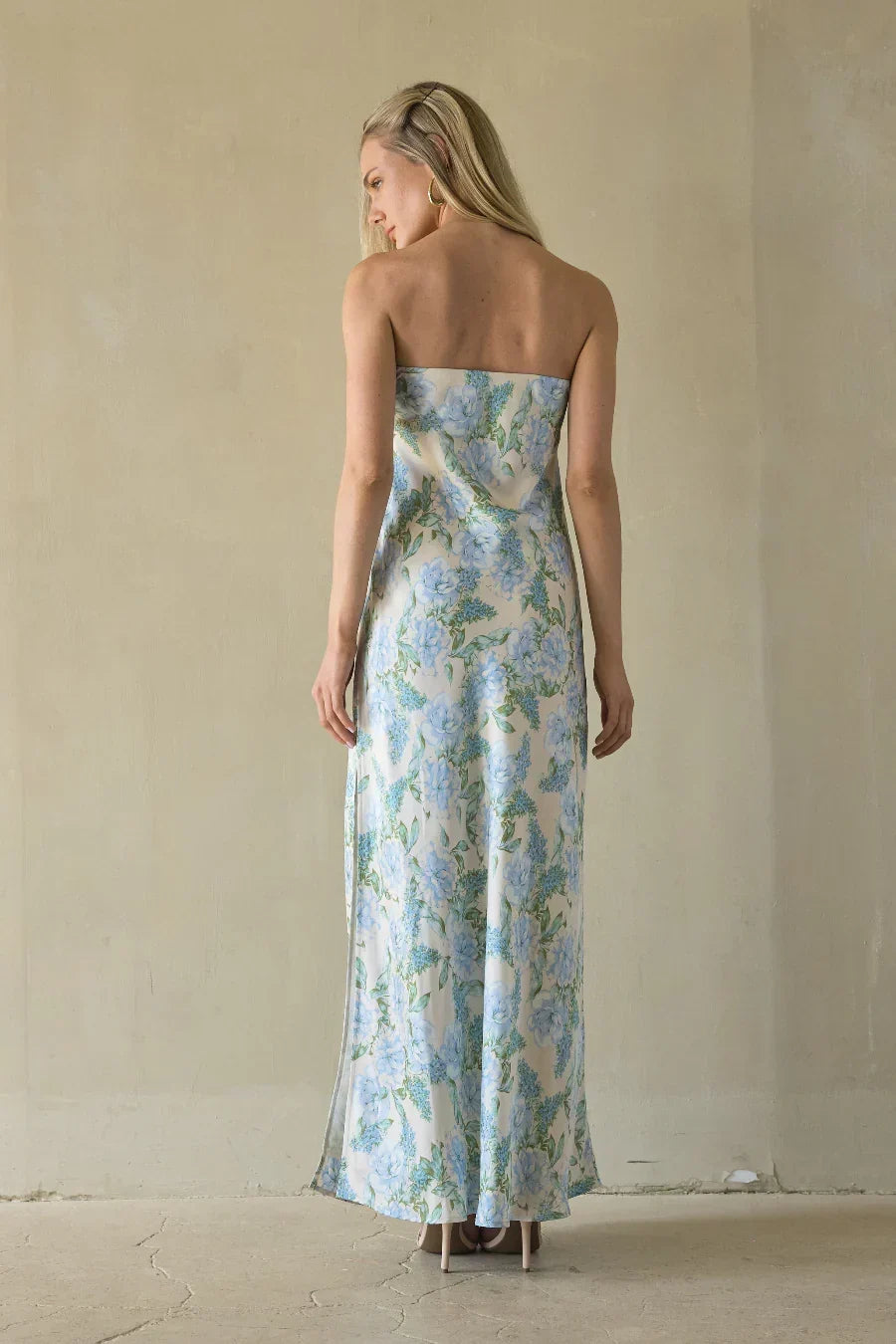 Floral Print Satin Strapless Column Maxi Dress 5