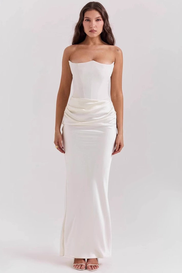 Satin Strapless Corset Bodice Ruched Waist Mermaid Maxi Dress 4