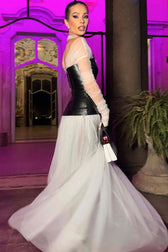 Fairy Off Shoulder Black and White Faux Leather Tulle Evening Maxi Dress - White 5