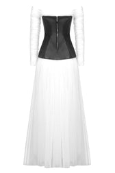 Fairy Off Shoulder Black and White Faux Leather Tulle Evening Maxi Dress - White 7