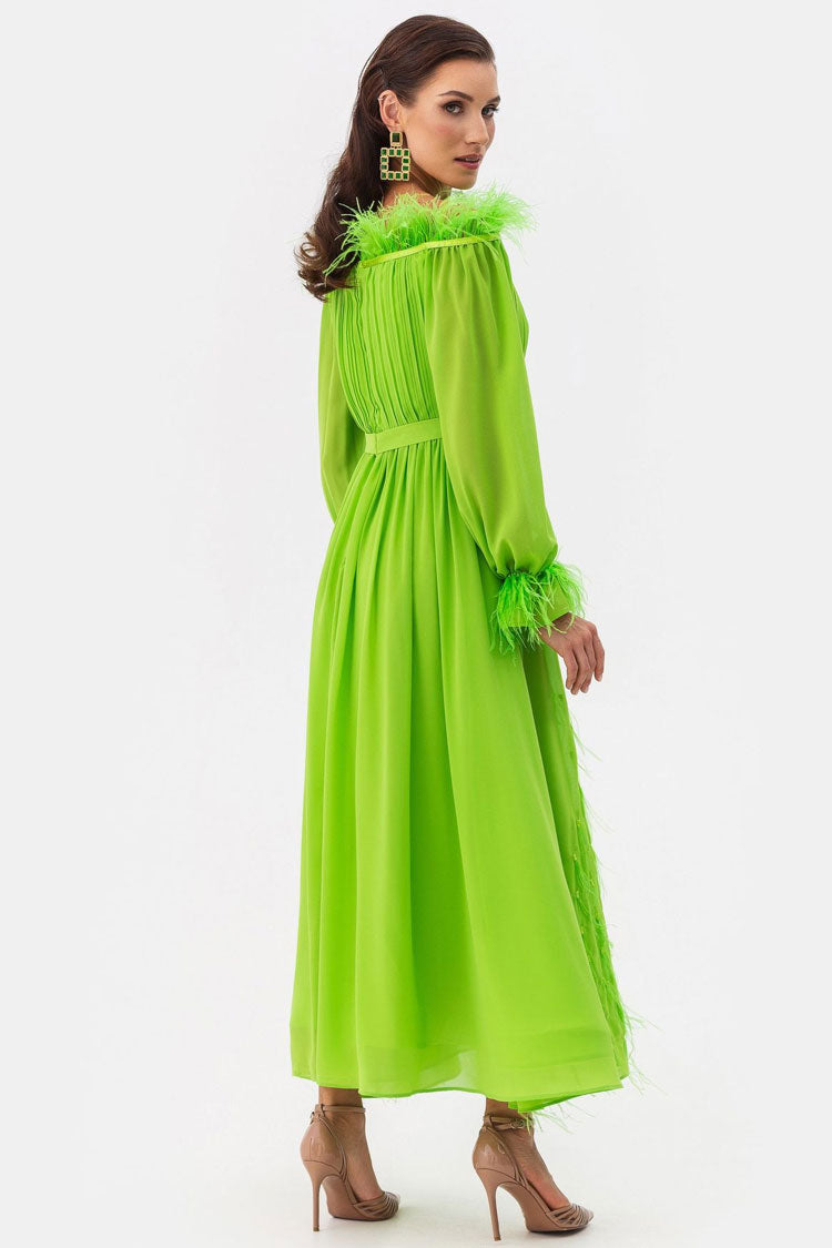Fairytale Feather Trim Off Shoulder Pleated Chiffon Evening Maxi Dress - Green 2