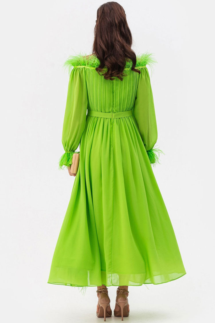 Fairytale Feather Trim Off Shoulder Pleated Chiffon Evening Maxi Dress - Green 3