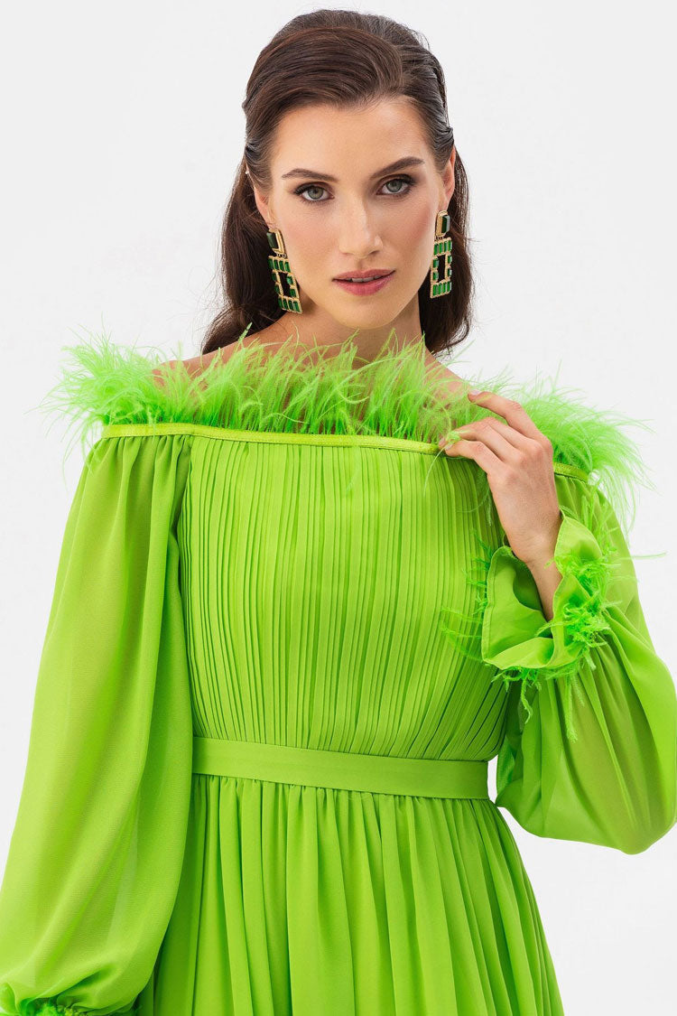 Fairytale Feather Trim Off Shoulder Pleated Chiffon Evening Maxi Dress - Green 4