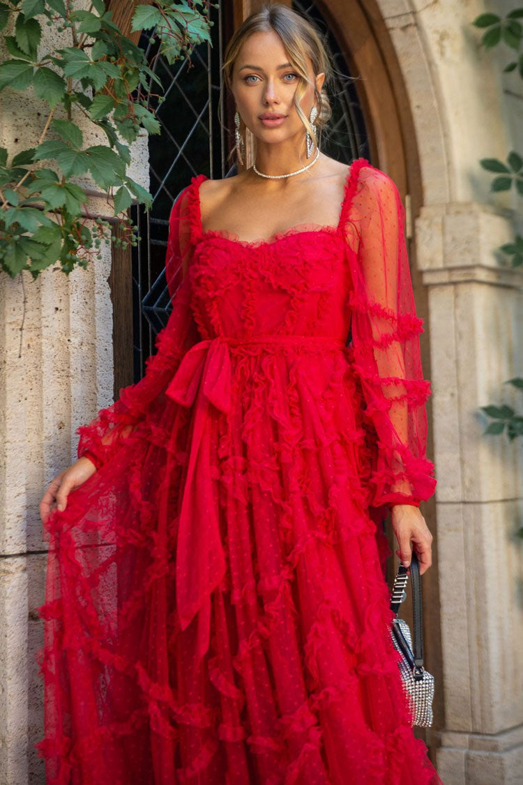 Ruffled Tulle Square Neck Sheer Long Sleeve Bow Waist Maxi Dress