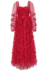 Fairytale Sweetheart Belted Dotted Tulle Layered Ruffle Maxi Gown Dress - Red 3