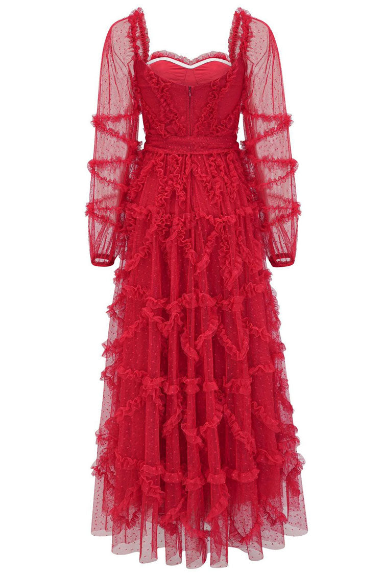 Fairytale Sweetheart Belted Dotted Tulle Layered Ruffle Maxi Gown Dress - Red 4