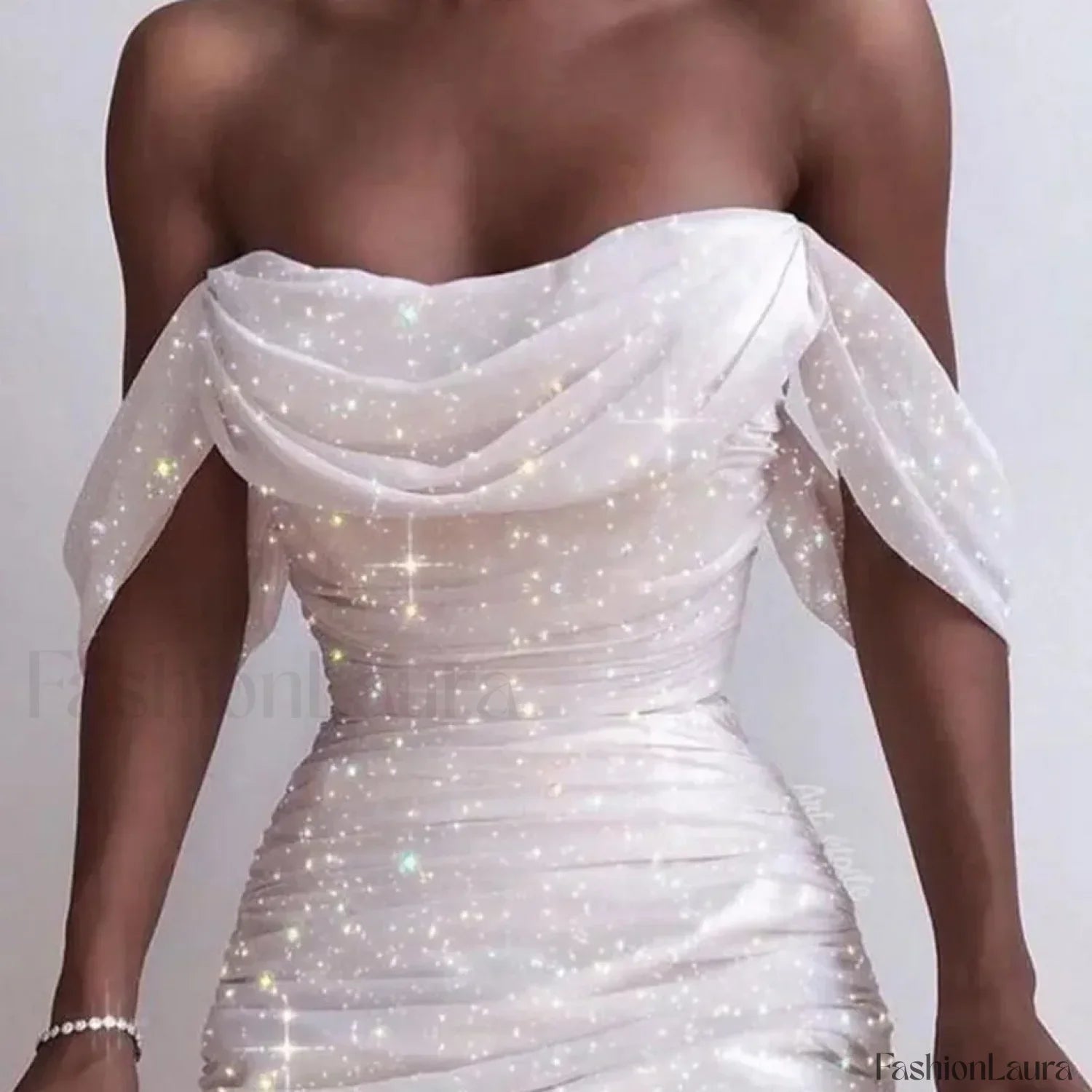 Fall For Women 2024 Sexy Off Shoulder Ruched Glitter Sparkly Sequin Straight Bodycon Slim White Prom Dress