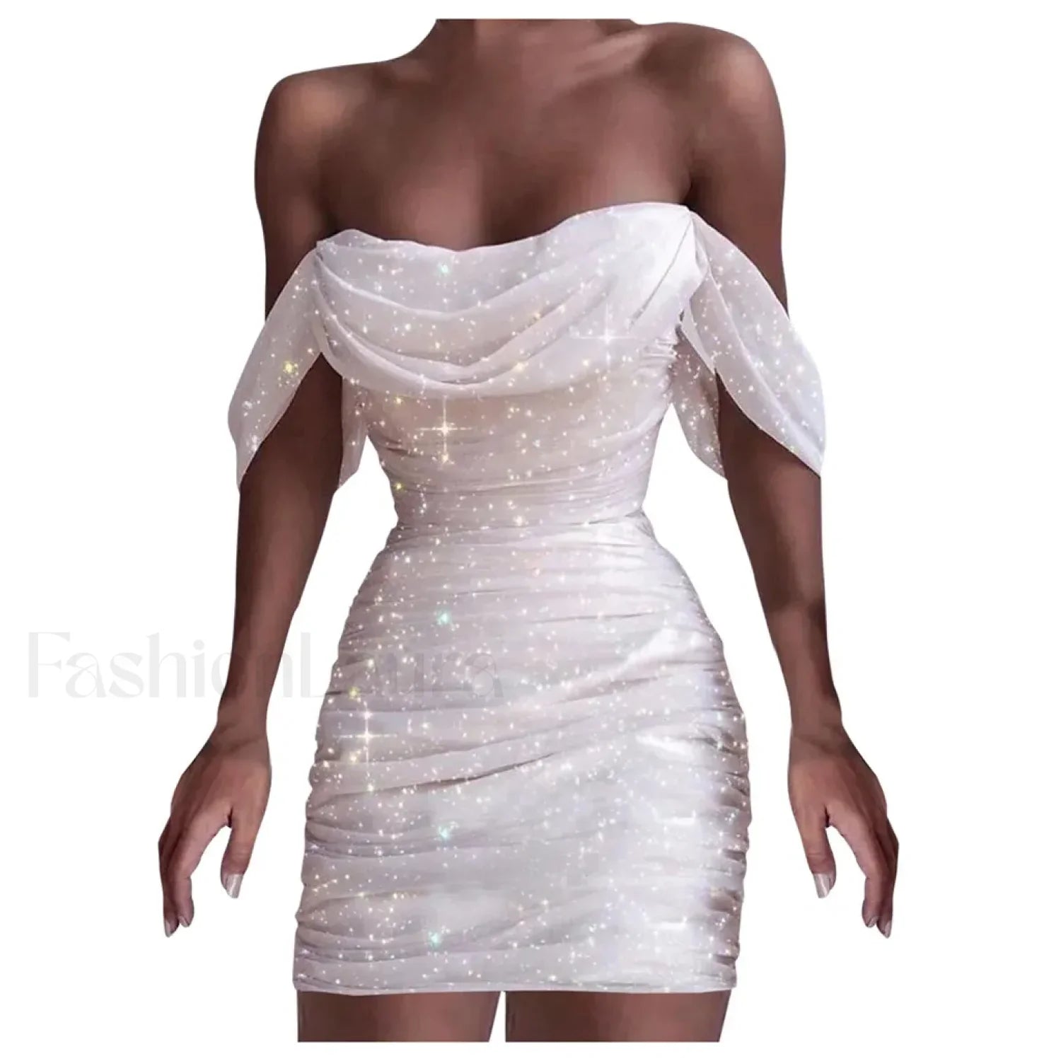 Fall For Women 2024 Sexy Off Shoulder Ruched Glitter Sparkly Sequin Straight Bodycon Slim White Prom Dress