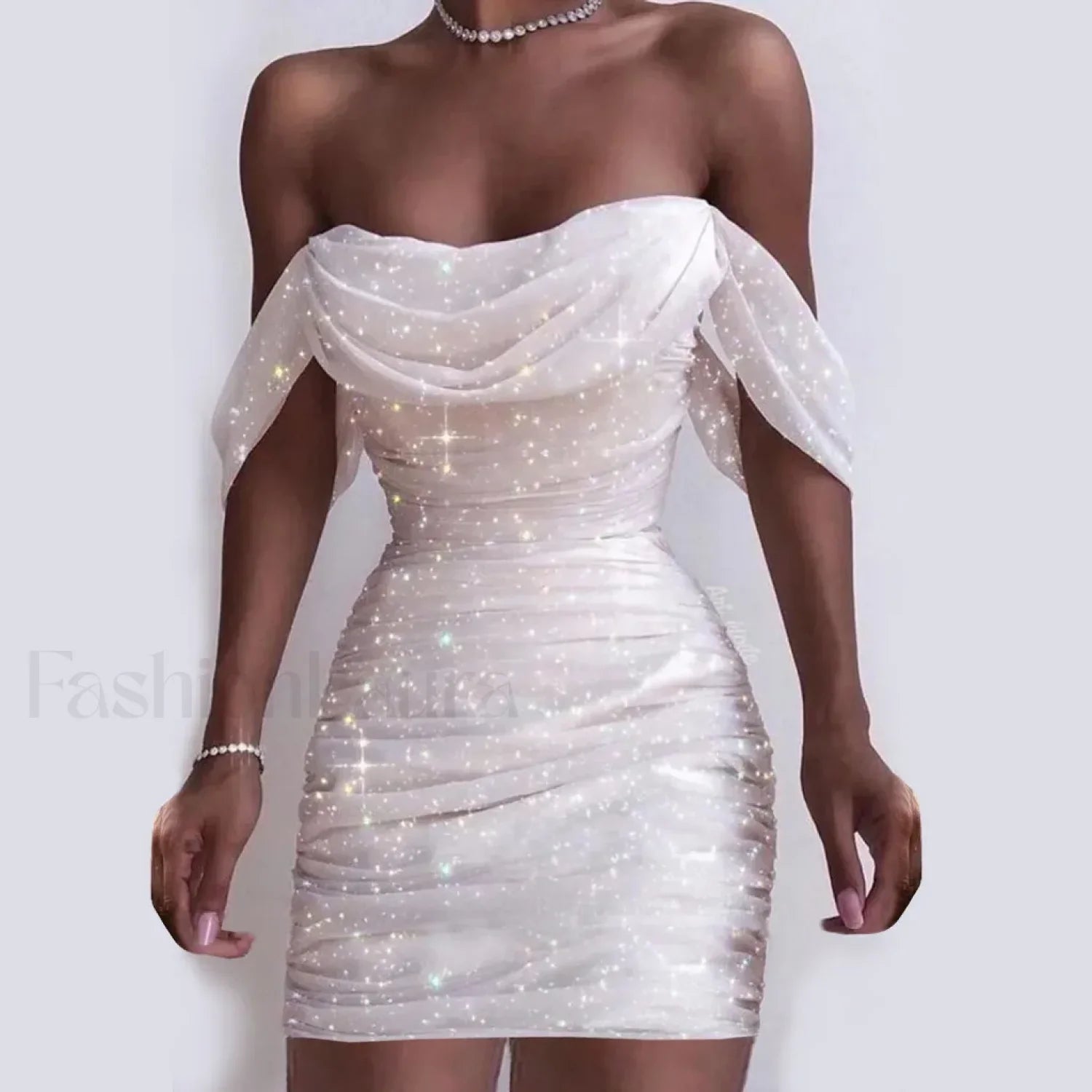 Fall For Women 2024 Sexy Off Shoulder Ruched Glitter Sparkly Sequin Straight Bodycon Slim White Prom Dress