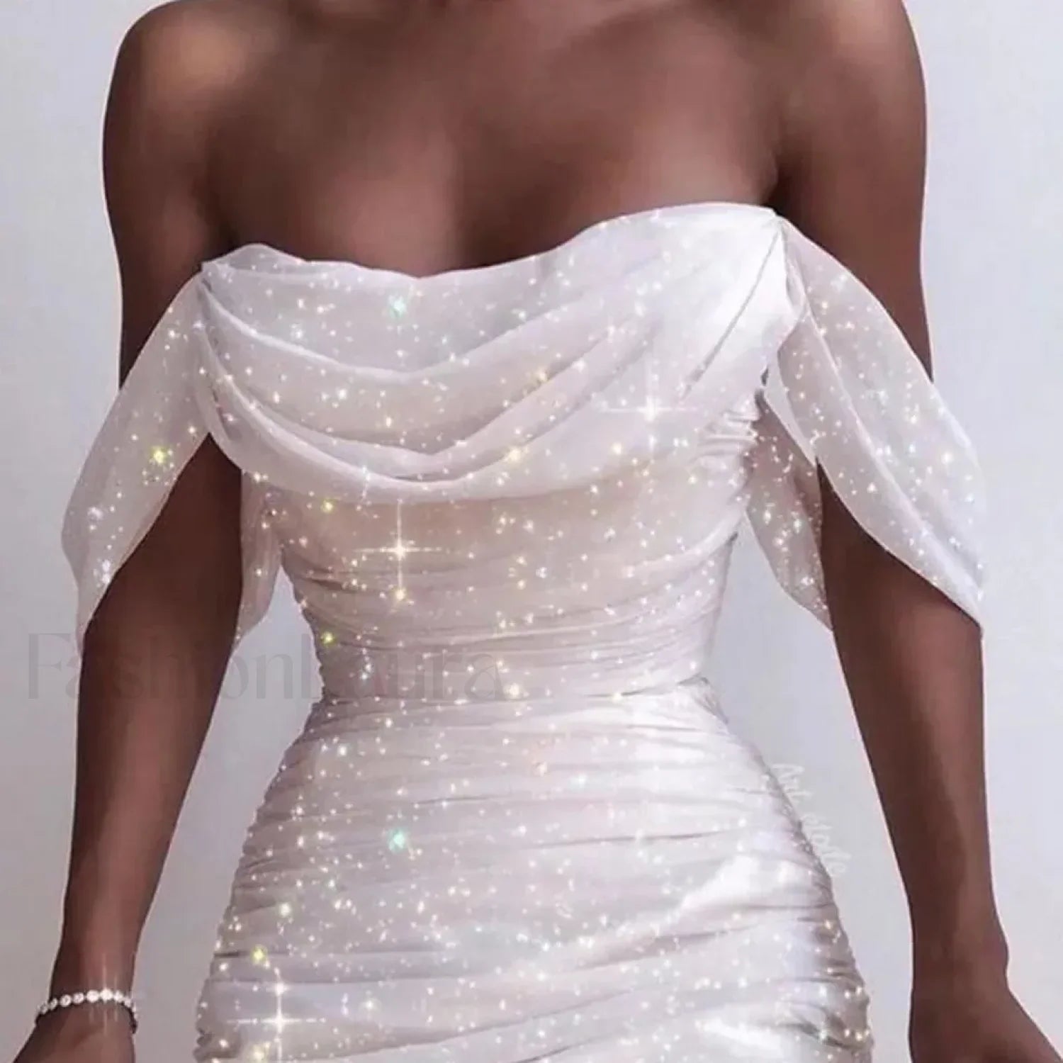 Fall For Women 2024 Sexy Off Shoulder Ruched Glitter Sparkly Sequin Straight Bodycon Slim White Prom Dress