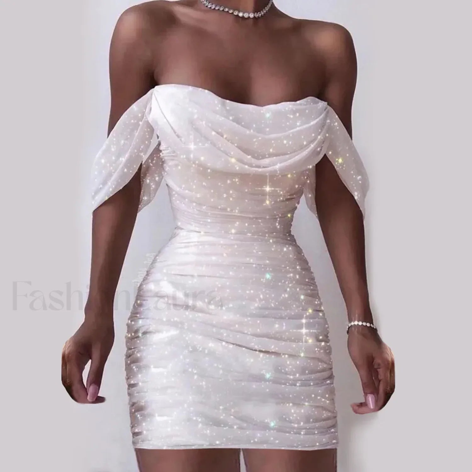 Fall For Women 2024 Sexy Off Shoulder Ruched Glitter Sparkly Sequin Straight Bodycon Slim White Prom Dress