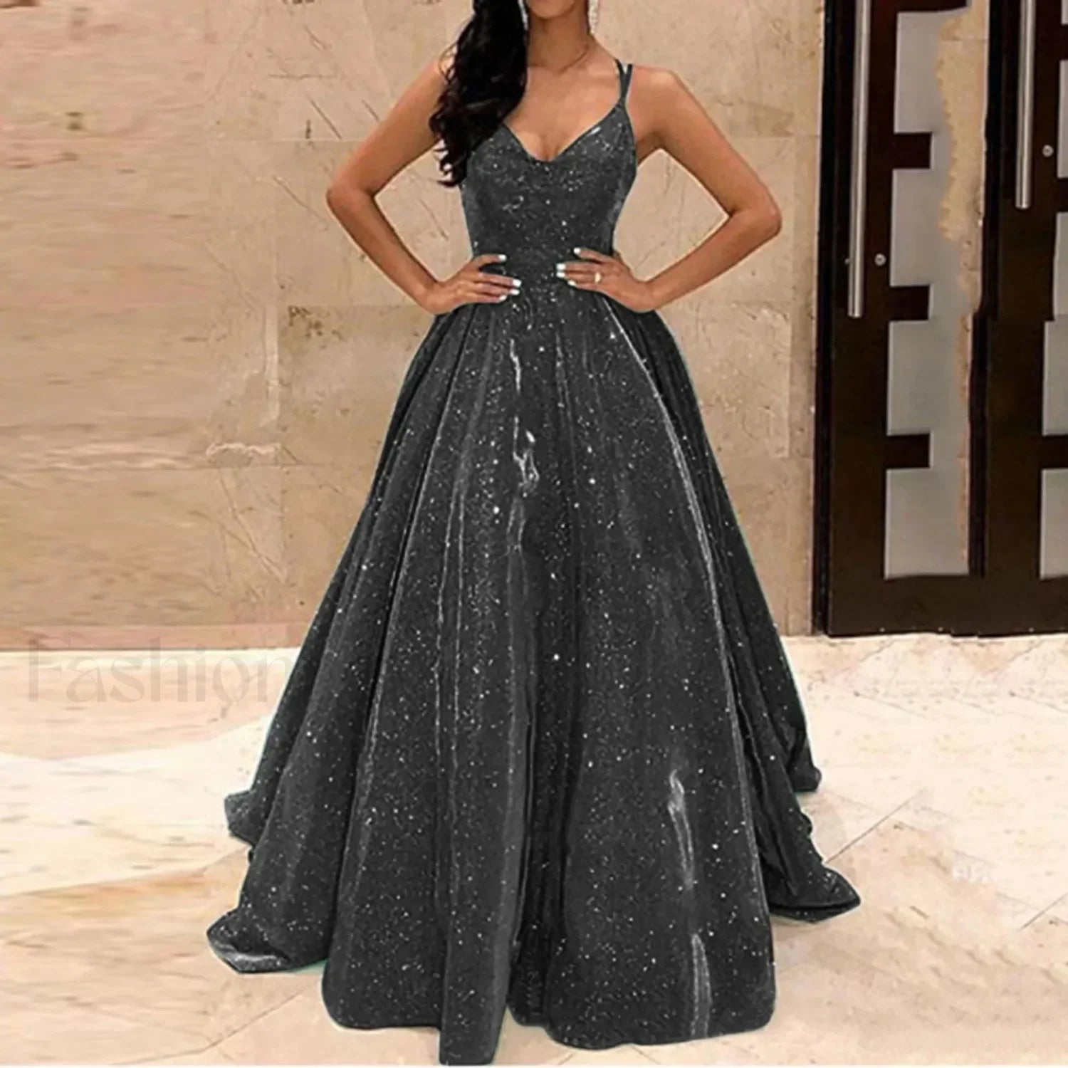Fall For Women 2024 Spaghetti Strap Sleeveless Glitter Sequin Big Swing Formal Elegant Evening Prom Dress Black / S