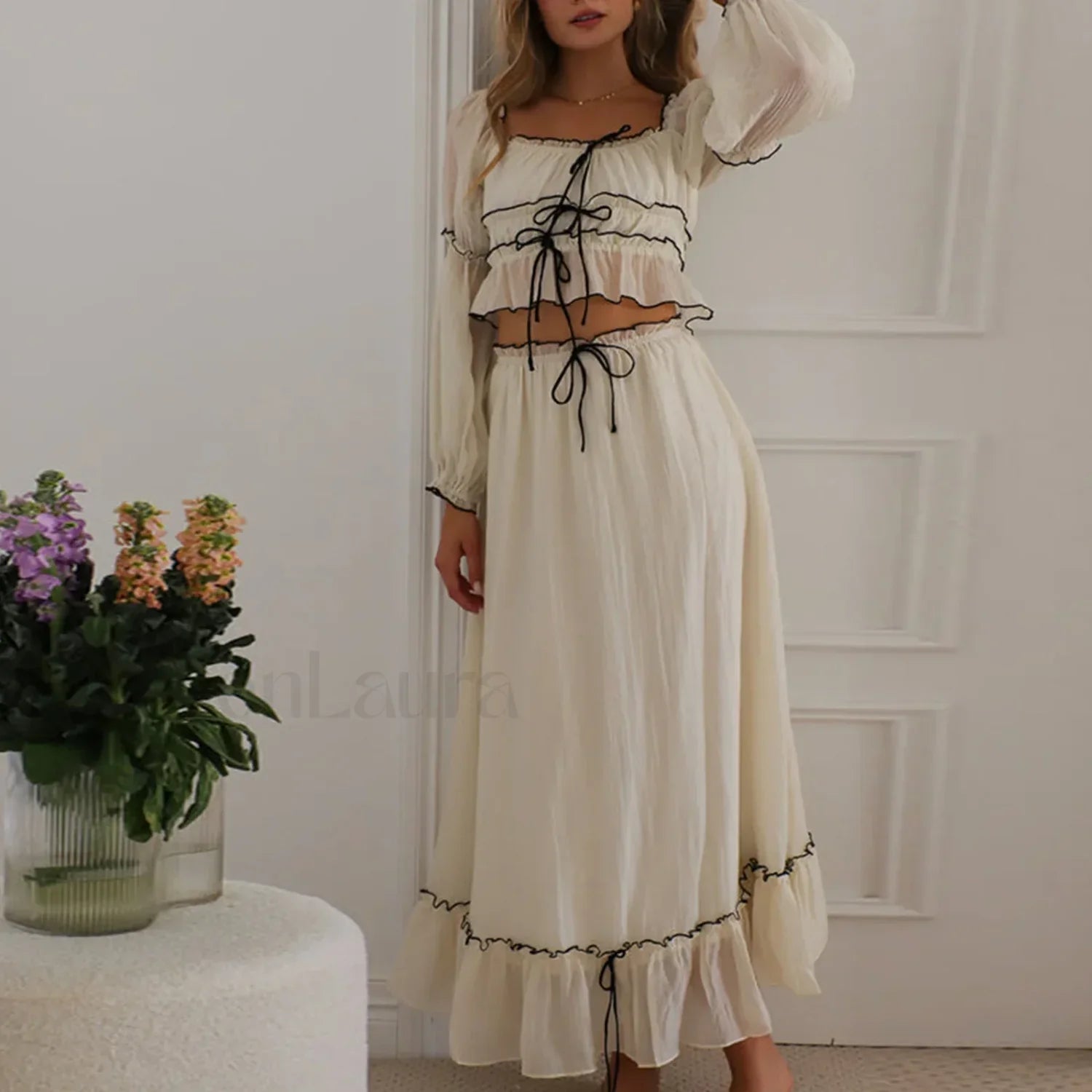 Fall Skirts Tie-up Off Shoulder Tops Elastic Waist Skirt Two Piece Set
