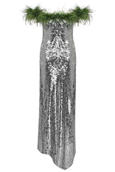 Fantastic Feather Trim Off Shoulder Asymmetric Mermaid Sequin Dress - Silver 4