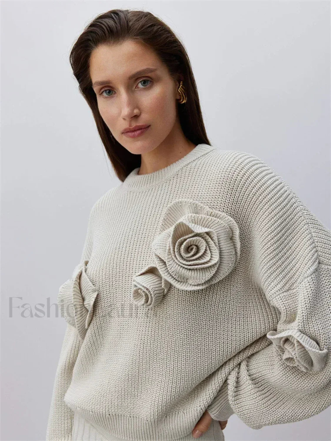 Fashion 3D Rose Round Neck Knitted Pullover Women Casual Long Sleeves Loose Sweater