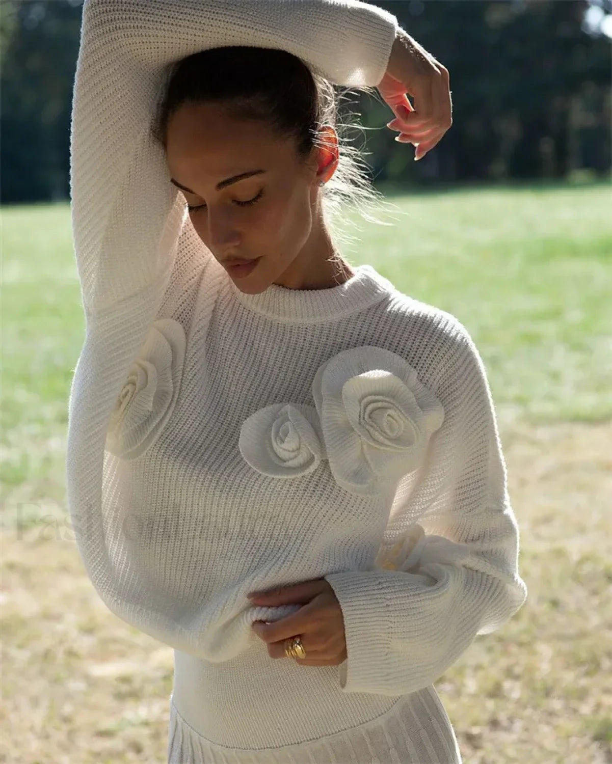 Fashion 3D Rose Round Neck Knitted Pullover Women Casual Long Sleeves Loose Sweater White / S Sweaters L