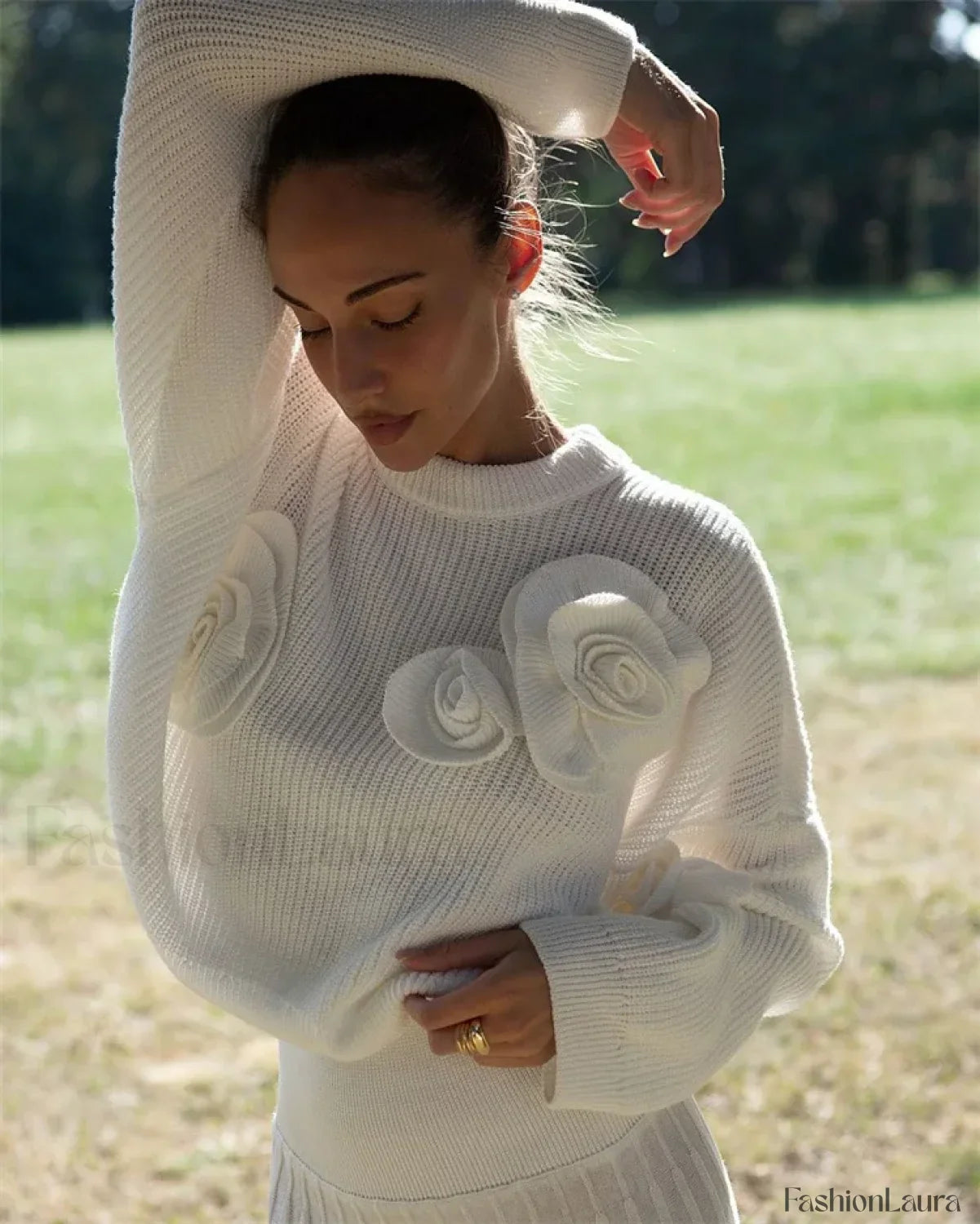 Fashion 3D Rose Round Neck Knitted Pullover Women Casual Long Sleeves Loose Sweater