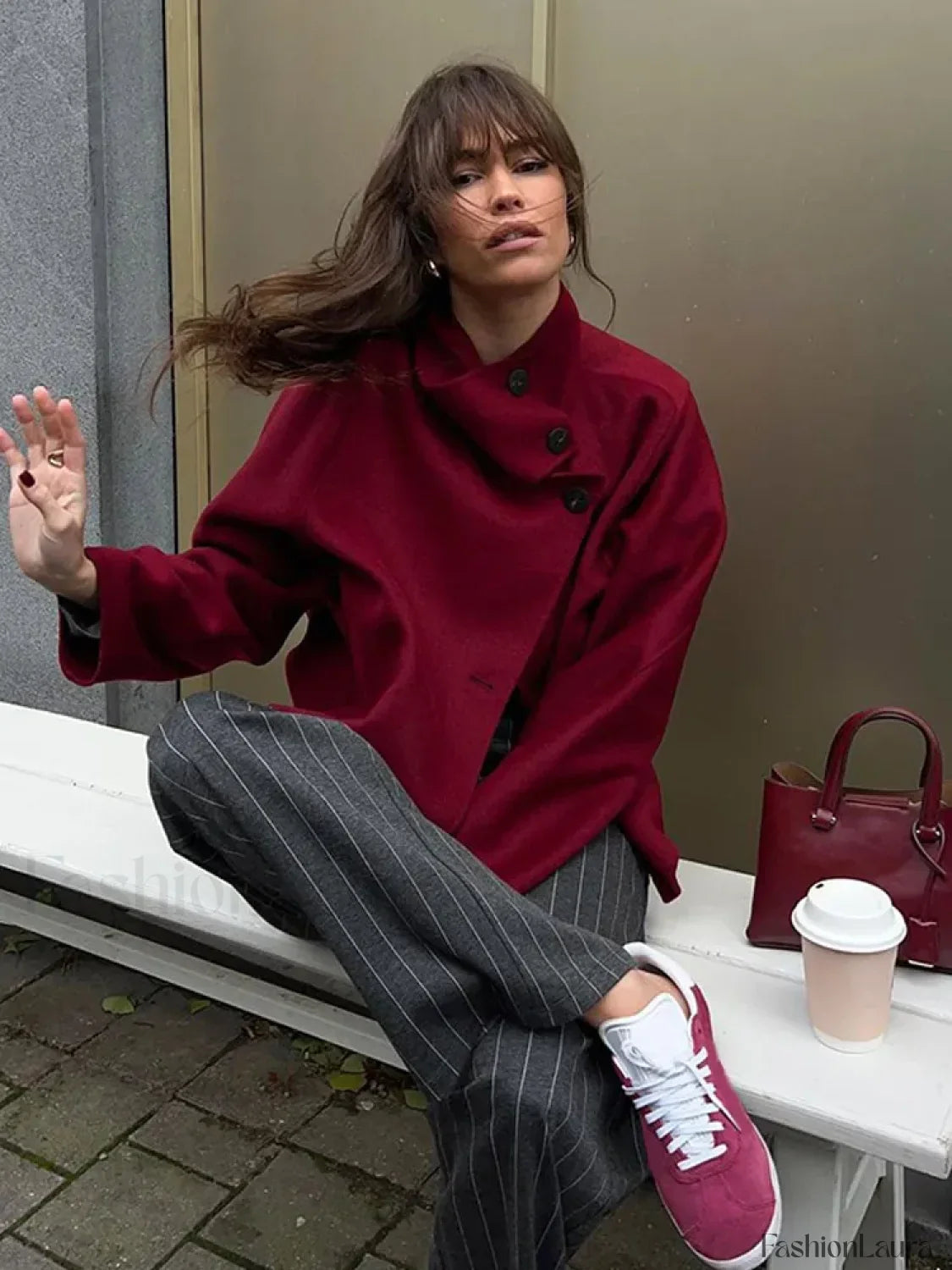 Fashion Collar Single Breasted Women's Woolen Coat Casual Wine Red Overcoats