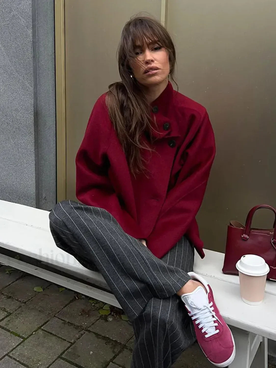 Fashion Collar Single Breasted Women's Woolen Coat Casual Wine Red Overcoats