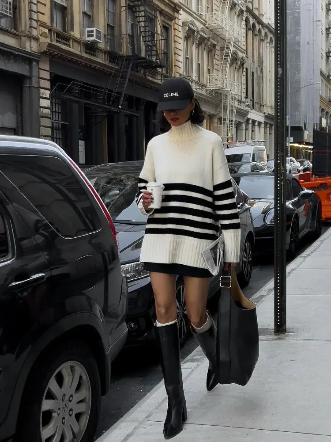 Fashion Contrast Stripe Women's Knitted Pullover Elegant Turtleneck Long Sleeve Warm Sweater