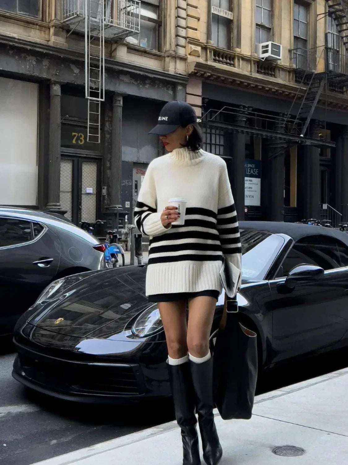 Fashion Contrast Stripe Women's Knitted Pullover Elegant Turtleneck Long Sleeve Warm Sweater