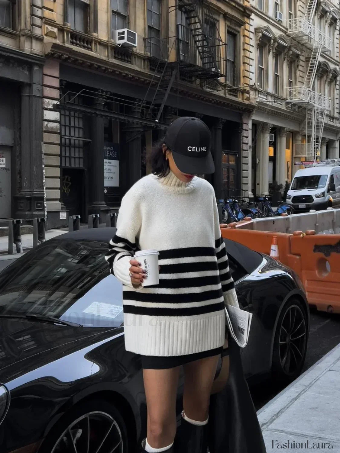 Fashion Contrast Stripe Women's Knitted Pullover Elegant Turtleneck Long Sleeve Warm Sweater