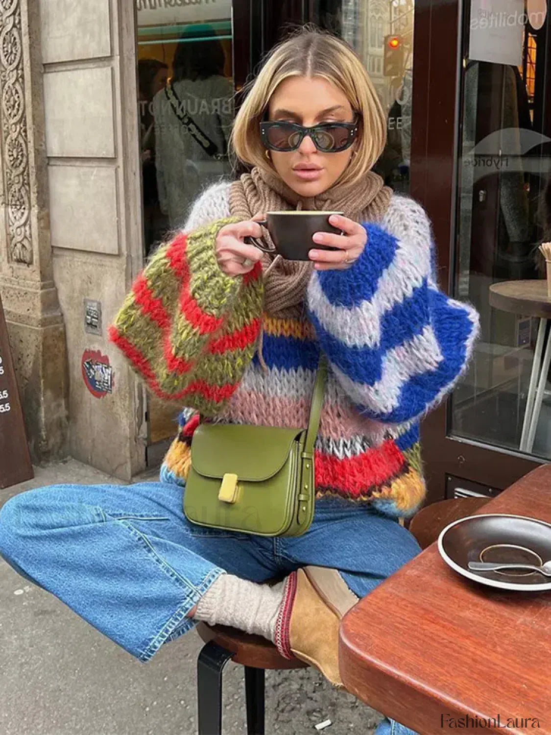 Fashion Contrasting O Neck Hollow Out Knitted Pullover Women Long Sleeve Loose Sweater