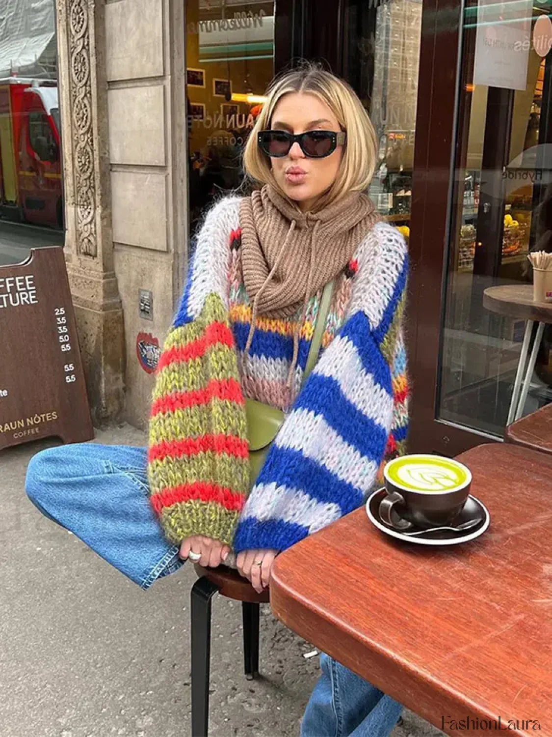 Fashion Contrasting O Neck Hollow Out Knitted Pullover Women Long Sleeve Loose Sweater