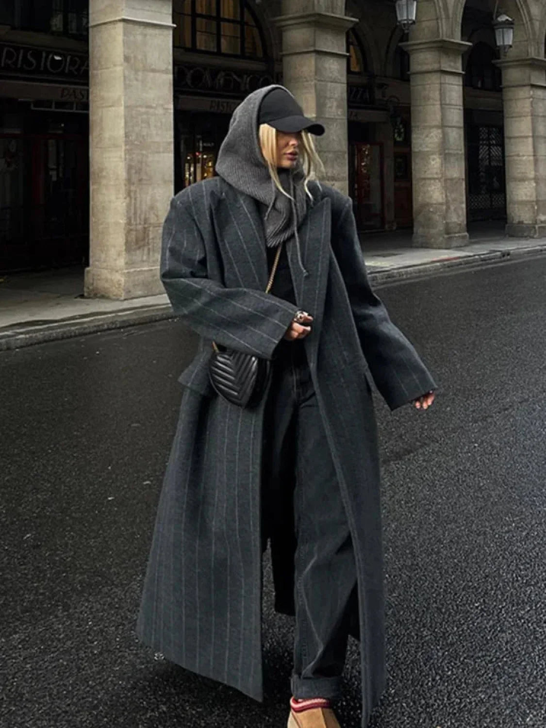 Fashion Dark Grey Stripe Lapel Double Breasted Overcoats