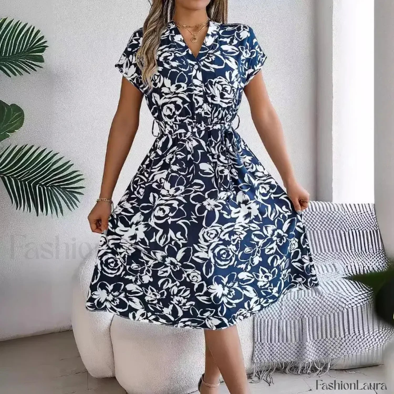Fashion Elegant Floral Print Button Bat Sleeve A-line Midi Dress