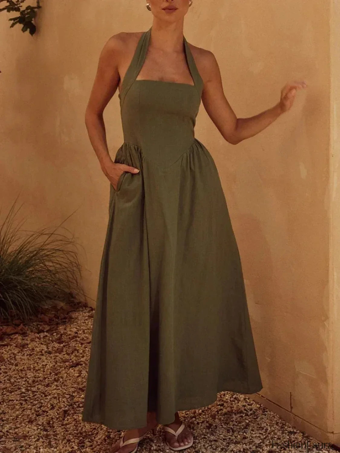 Fashion Elegant Long for Women New Wide Strap Halter Backless Maxi Dress