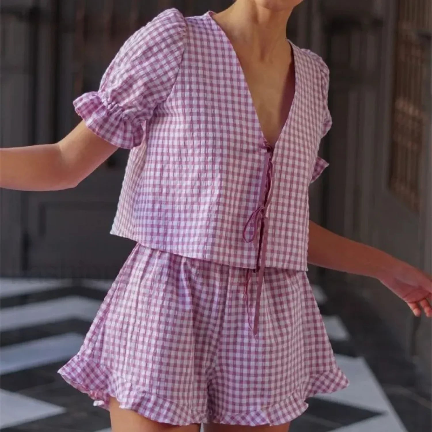 Fashion Gingham Tie Front Shirt Shorts Two Piece Set