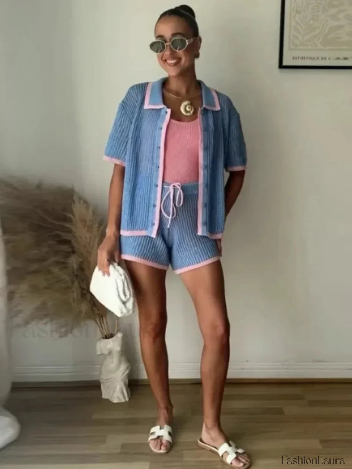 Fashion Knitted Stripe Shorts Two Piece Set