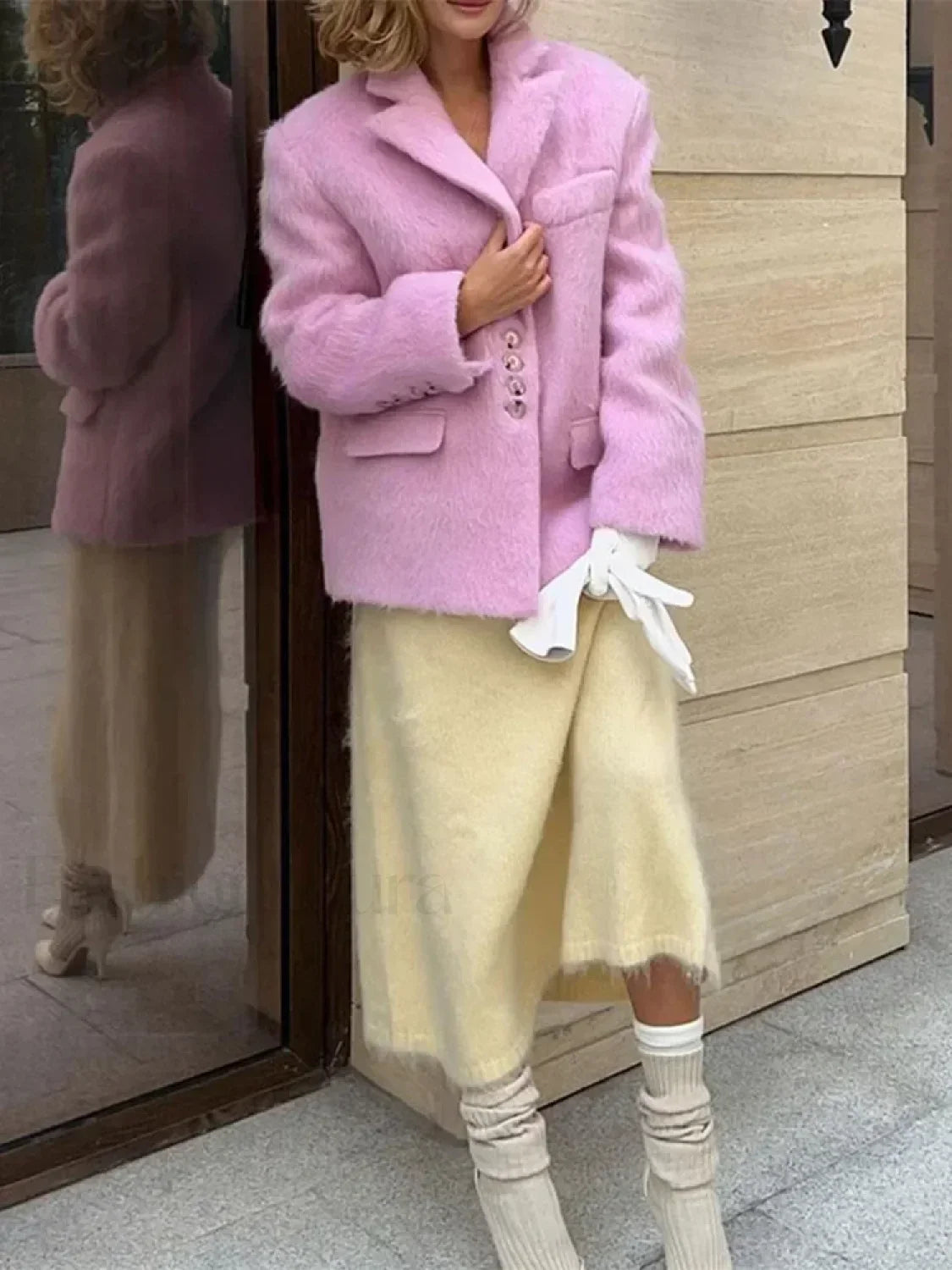 Fashion Pink Lapel Long Sleeves Women Blazer Jacket Loose Overcoats