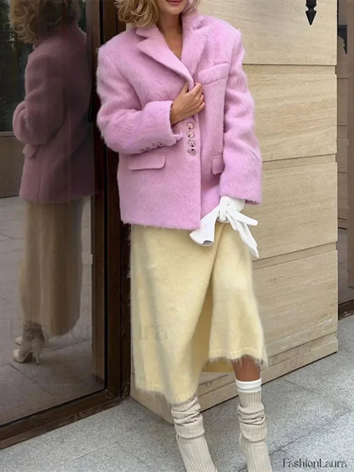 Fashion Pink Lapel Long Sleeves Women Blazer Jacket Loose Overcoats